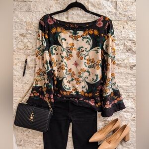 Anthropologie Cream Black Floral-Scroll Long-Sleeve Blouse 100% silk size 12